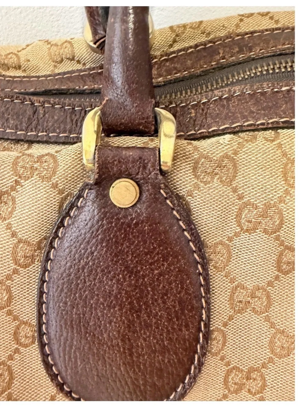 Gucci Beige Monogram Canvas Duffel with Brown Leather Trim